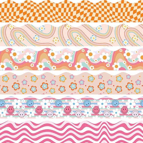 VABAMNA Bulletin Board Borders Groovy Classroom Decorations, 84ft Retro Bulletin Board Trims Smiley Face Flower Daisy Plaid Classroom Wall Door Decors for Teacher School Office Supplies