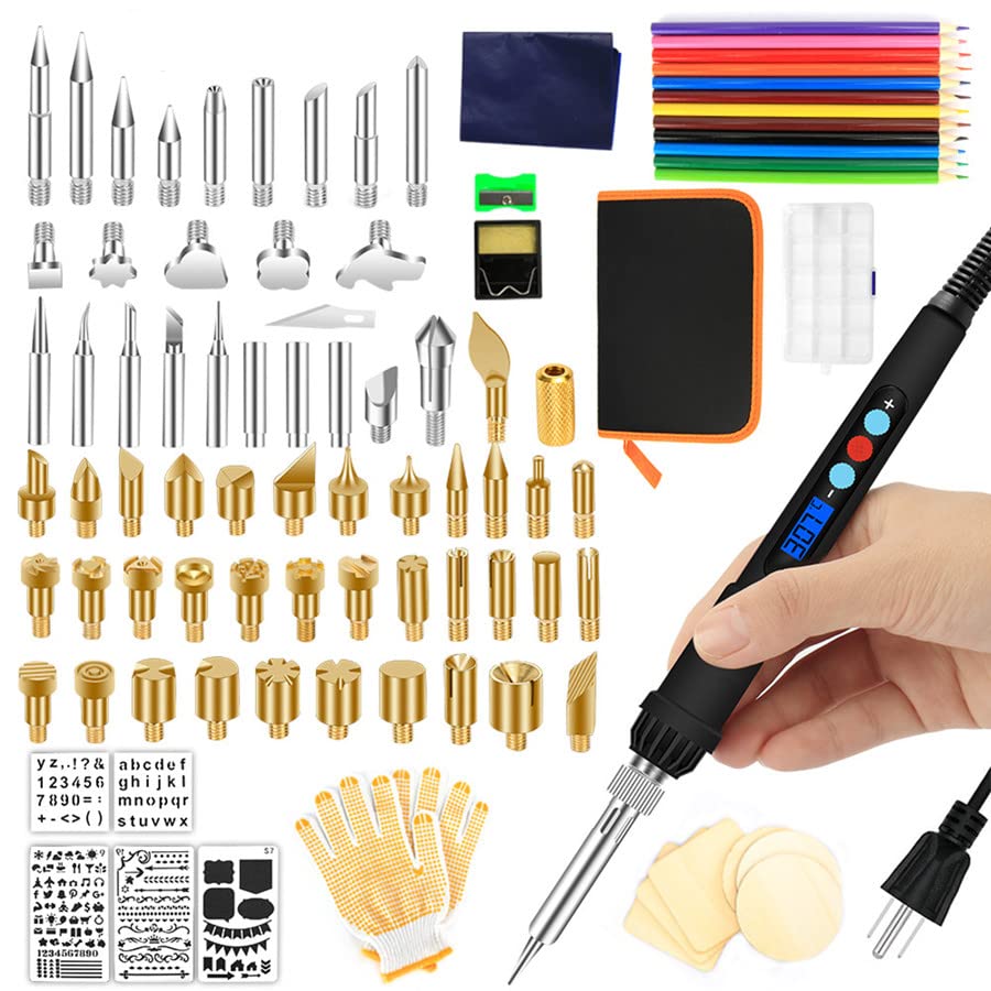 110PCS Wood Burning Kit, Professional Pyrography Kit Wood burning Tool Set DIY LCD Display Wood Burning Pen Burner Adjustable Temperature for Embossing Carving Soldering Tips