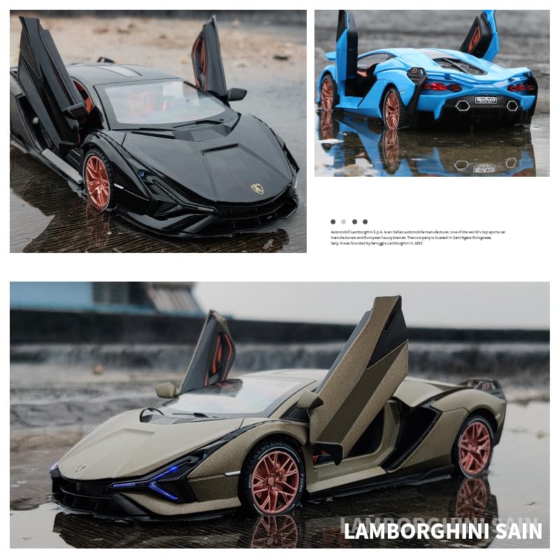 Image of Advisian store 1:24 Lamborghini Sian Die-cast Metal Toy Model Car Pull Back car Super car with Openable Doors with Sound and Light for Gifts Toys for Kids (1:24 Lamborghini Sian - Blue)