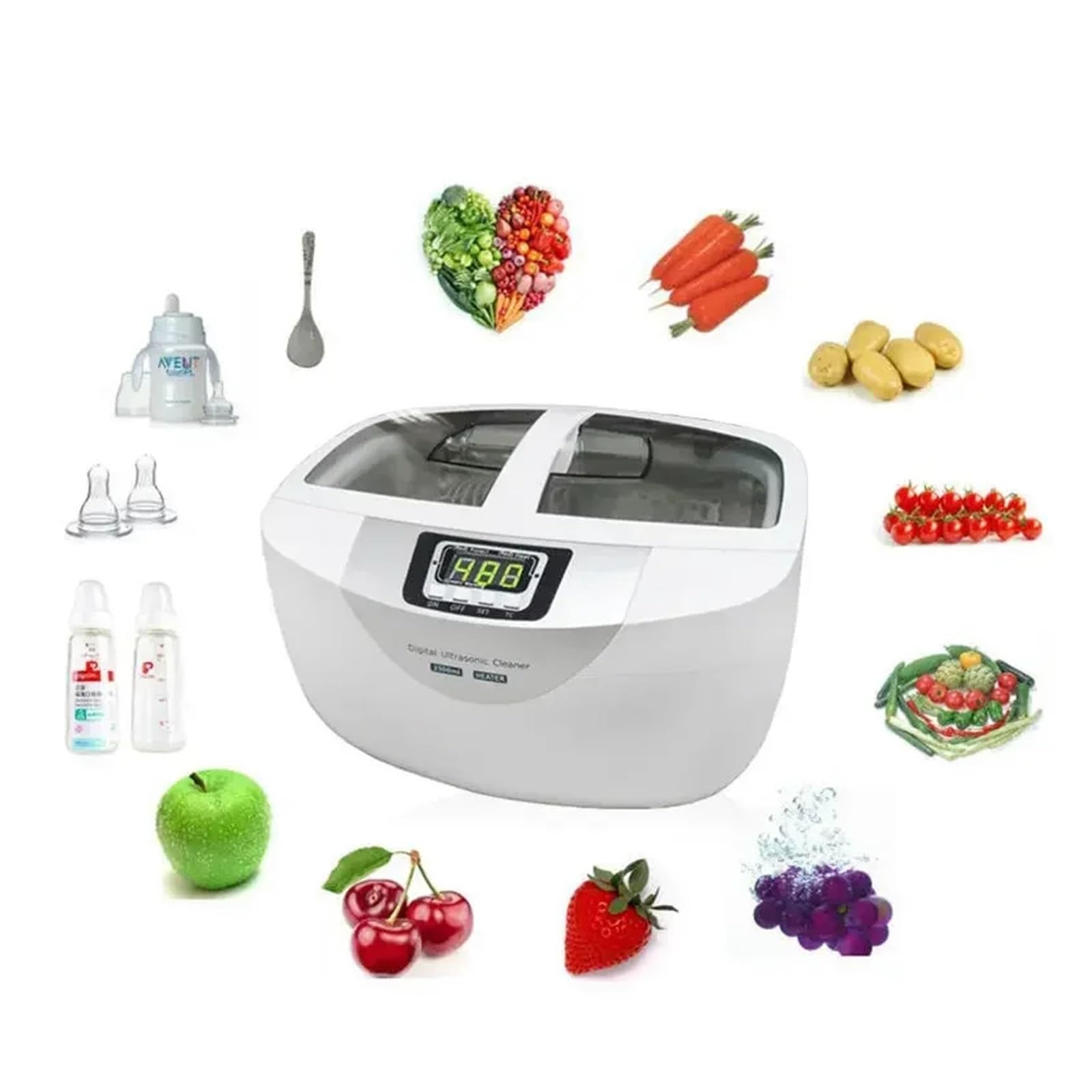 Limpiador ultrasónico Digital de 2,5 l, 60 W y 40 kHz for cestas, Joyas, Relojes, calefacción, silenciador, Limpiador ultrasónico de Verduras for baño.