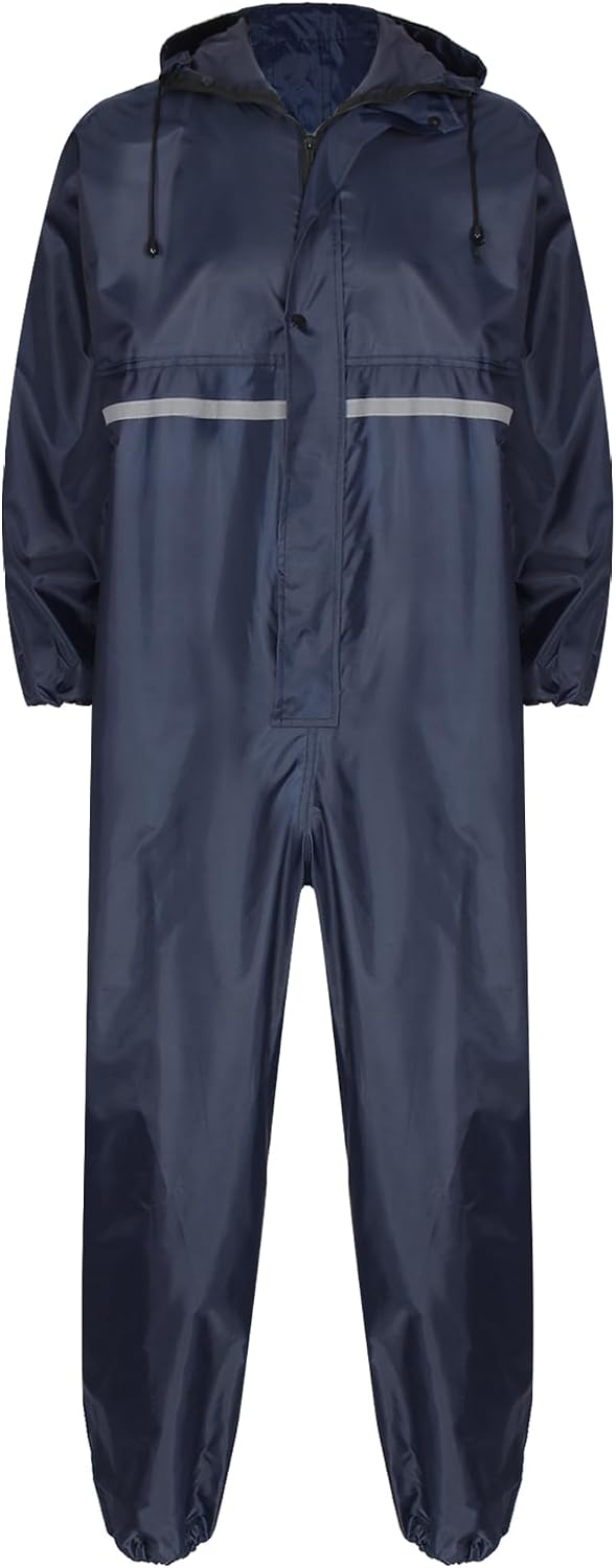 Mens Waterproof Jumpsuit One Piece Reflective Strip Motorcycle Rainsuits and MudStopper Coveralls for Adults