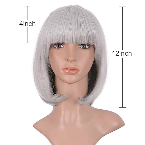 Miniatura 102 de MapofBeauty 12 pulgadas/11.8 in moda señora recta recta sintética flequillo Bob peluca (negro mezclado marrón)