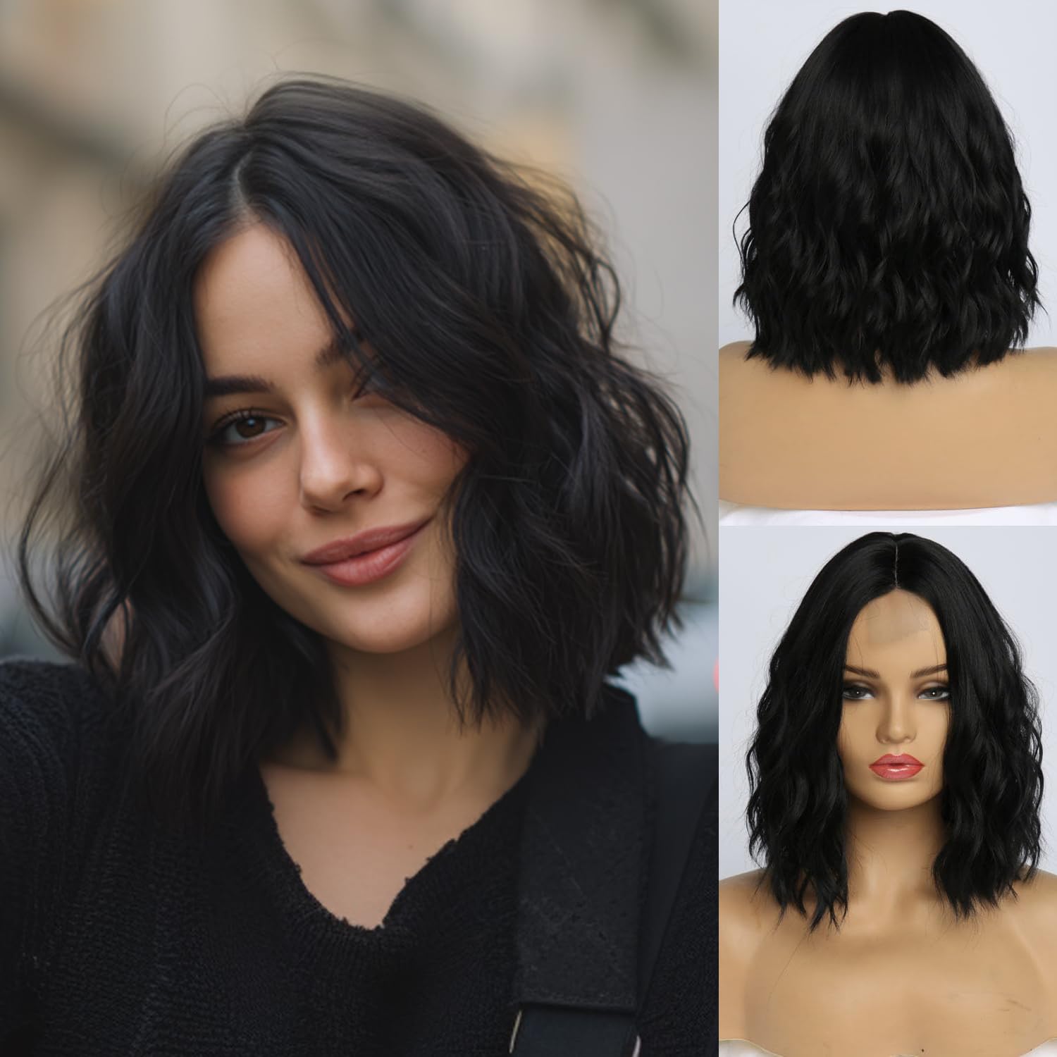 Sponsored Ad - Short Black Wavy Wig for Women 14 Inch Shoulder Length Middle Part Curly Bob Wig Natural Looking Synthetic Heat Resistant Fiber Wig for Daily Party Cosplay Use (14 Inch)