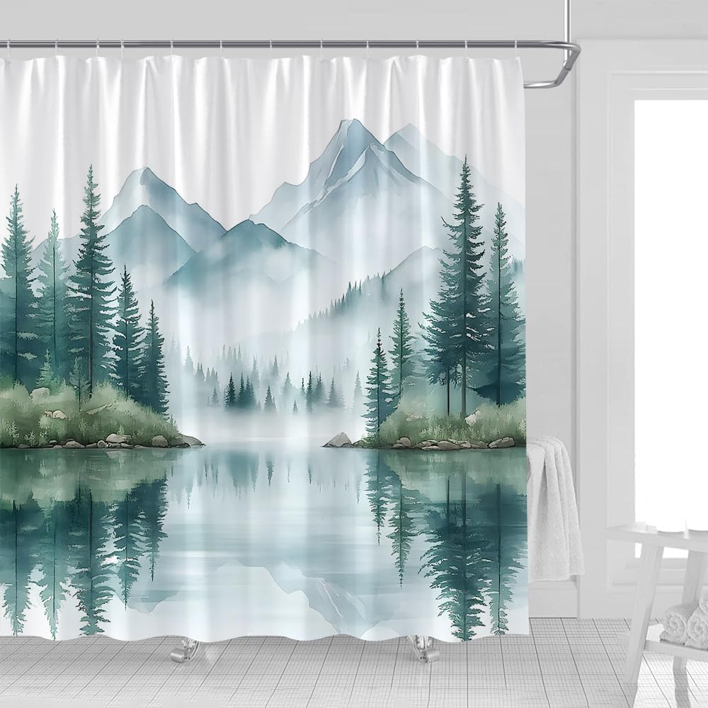 UOZXOML Green Misty Forest Mountain Shower Curtain Watercolor Abstract Foggy Jungle Pine Woods Tree Lake Natural Scenery Landscape Fabric Bathroom