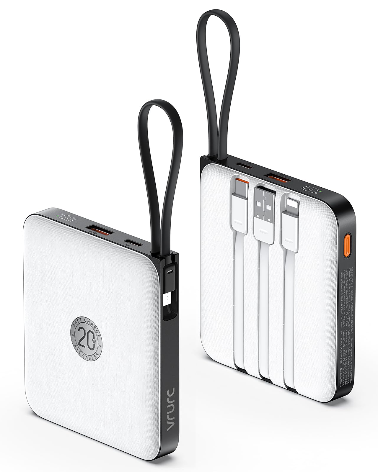 VRURC Portable Charger with Built-in 4 Cables 10000mAh Battery Pack PD 20W for iPhone 22 5W USB C