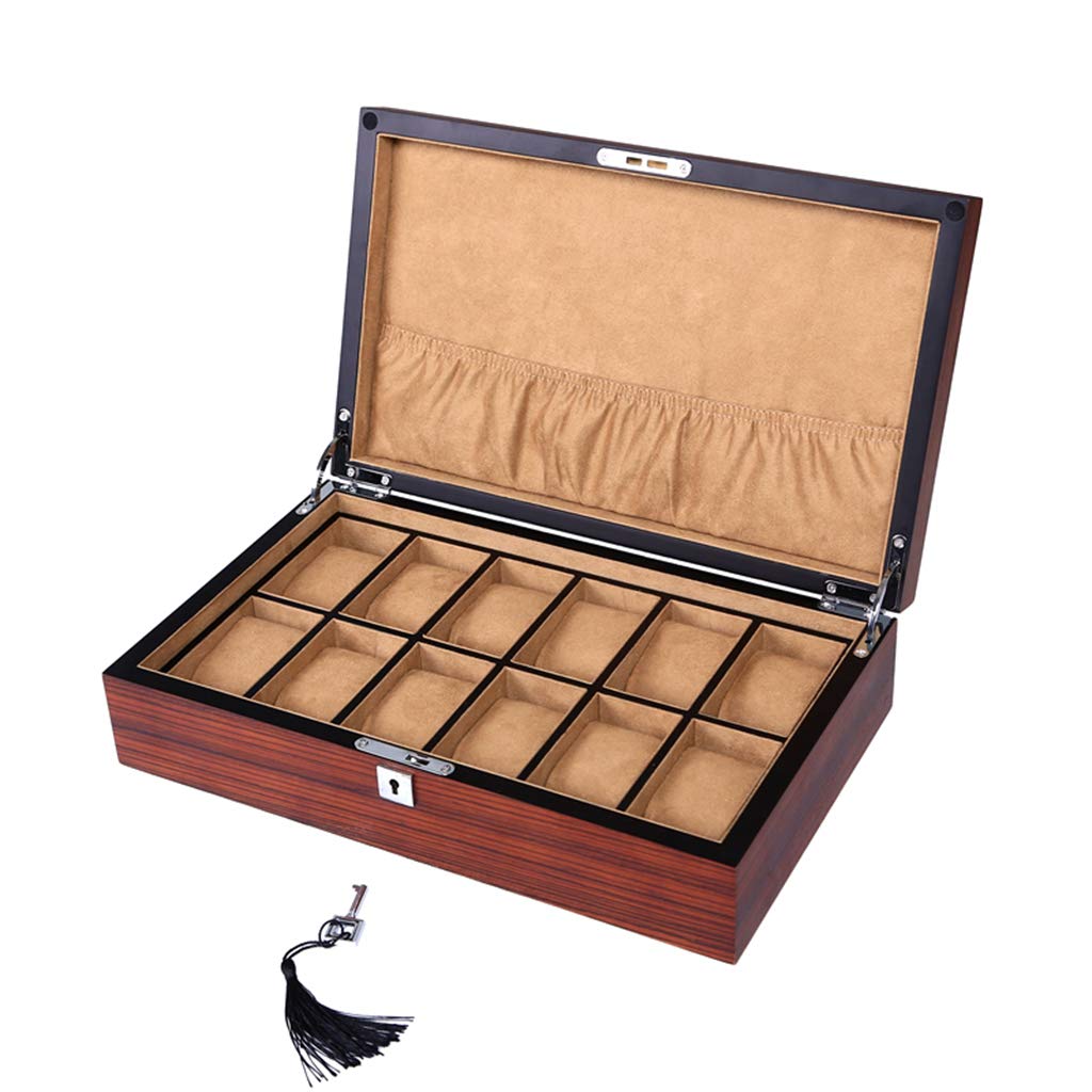 Caja de reloj de madera con tapa de vidrio para 12 relojes Caja de almacenamiento de joyería de lujo Bandeja de pulsera con 12 almohadas de almacenamiento extraíbles y hebilla de metal con cerradura
