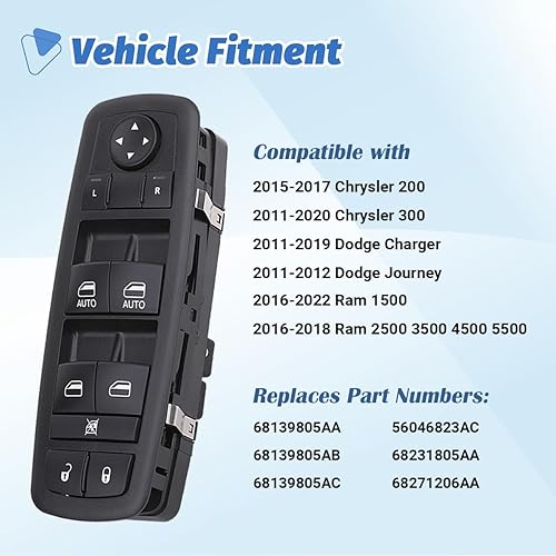 Miniatura 2 de Interruptor de ventana eléctrica, botón de control principal compatible con Ram 1500 2500 3500 2016-2018, Dodge Charger 11-19, Dodge Journey 11-12,