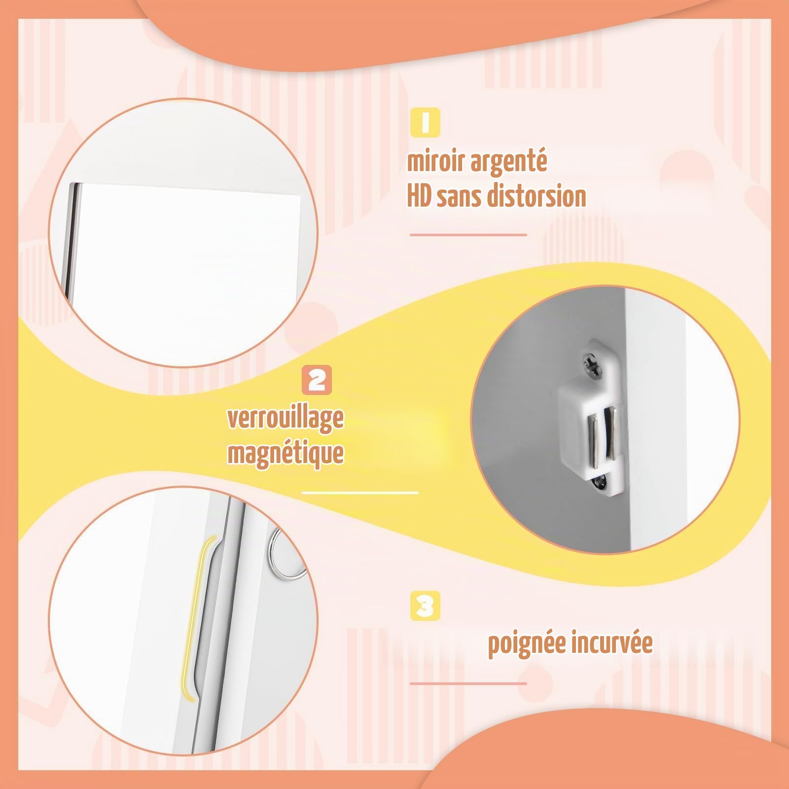 FANTASK Armoire à bijoux 3 en 1 pour enfants - Pivote à 360° - Avec miroir pleine longueur et panier de rangement - Blanc - Étagère à bijoux - Miroir de maquillage en forme de couronne - Pour enfants