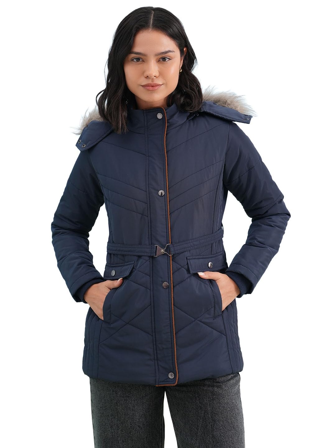 crimsoune club Women's Navy Blue Hooded Neck Quilted Belted Jacket-picture-19