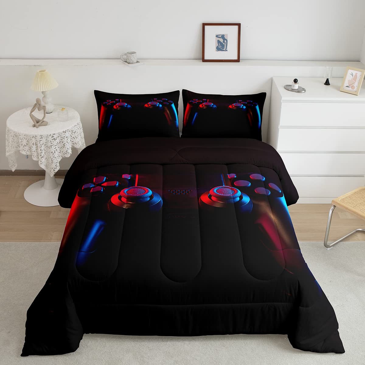 Gamer Comforter Set for Boys Girls Man Gaming Bedding Set,Black Gamepad Home Decor Player Video Game Duvet Insert Teens Kids 3 Pieces 1 Down Comforter with 2 Pieces Pillowcases(Full Size,All Season)