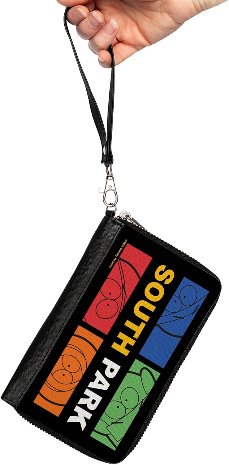 Buckle-Down Comedy Central Wallet, Zip Around, South Park Boys Face Blocks and Text Black Multi Color, Vegan Leather