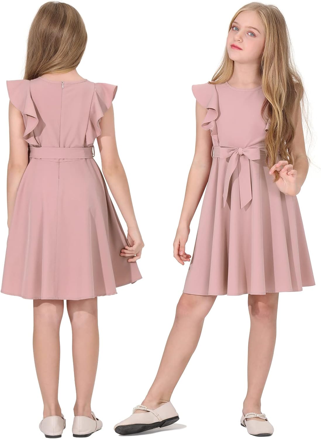 Quedoris Girls Ruffle Trim Dress Print and Solid Color A-line Swing Flared Belted Casual Party Dress with Zipper