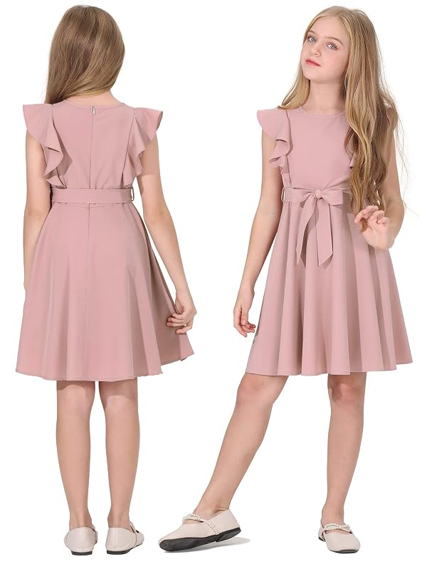 Quedoris Girls Ruffle Trim Sleeveless Belted Dress with Zipper Grey Pink 150Y by Quedoris - Used condition - Image 4