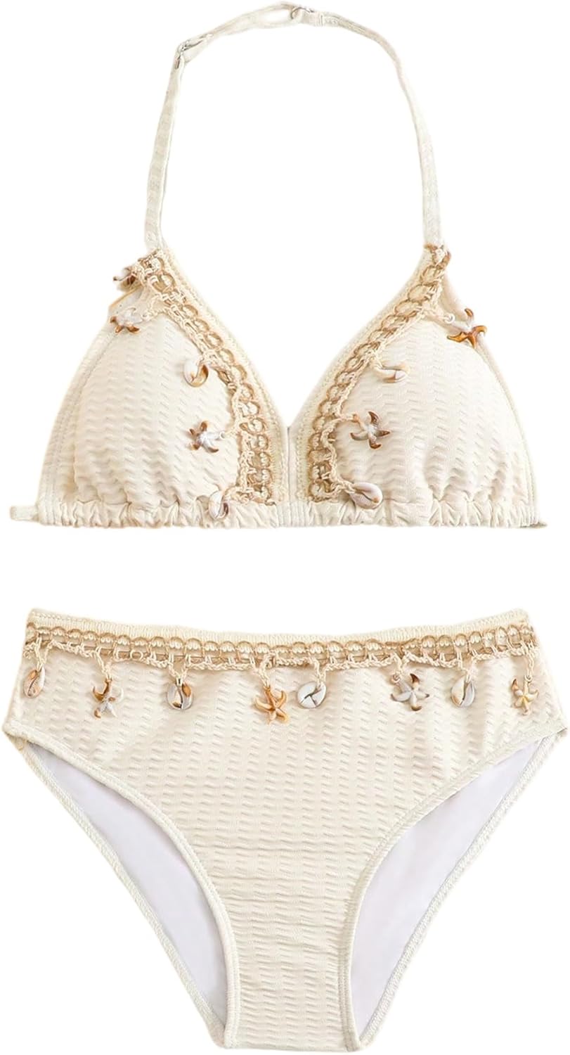 SHENHE Girl's Swimsuits 2 Piece Halter Triangle Bathing Suits Seashell Boho Bikini Set Swimwear