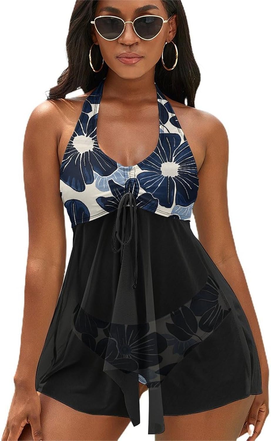 Navy Blue Flowers Tankini Swimsuits for Women Two Piece Bathing Suits 2024 Summer Beach Swimwear Swim Tank Top