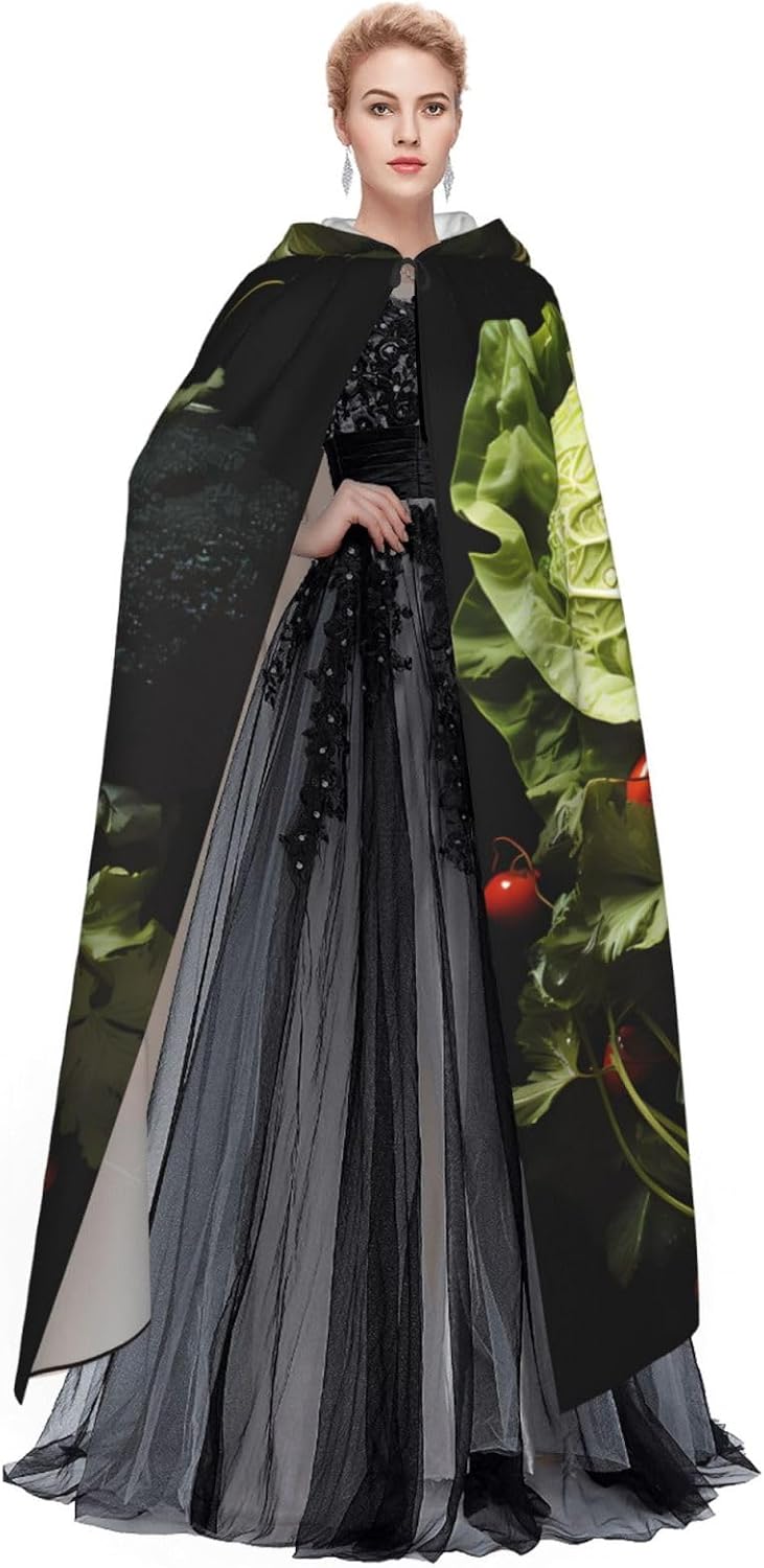 Unisex Full Length Hooded Halloween Christmas Party Robe Cloak Cape Cosplay Costume Men Women Lots of Fresh Vegetables Prints Black