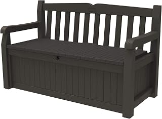 Keter Solana 70 Gallon Storage Bench - Weatherproof Resin Deck Box with Seating for Patio, Garden Tools & Pool Toys, Brown
