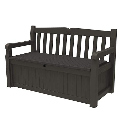 Keter Solana 70 Gallon Storage Bench Deck Box for Patio Furniture, Front Porch Decor and Outdoor Seating – Perfect to Store Garden Tools, Brown/Brown