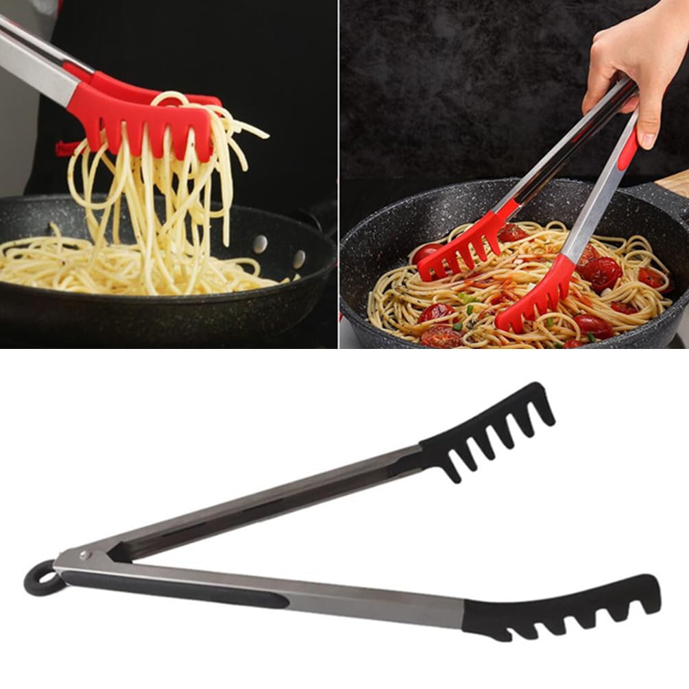 Pinzas grandes de acero inoxidable negro de 12 pulgadas con puntas de silicona, pinzas de espagueti, utensilios de servidor de pasta para fideos, cocina, hornear, barbacoa, herramientas de cocina