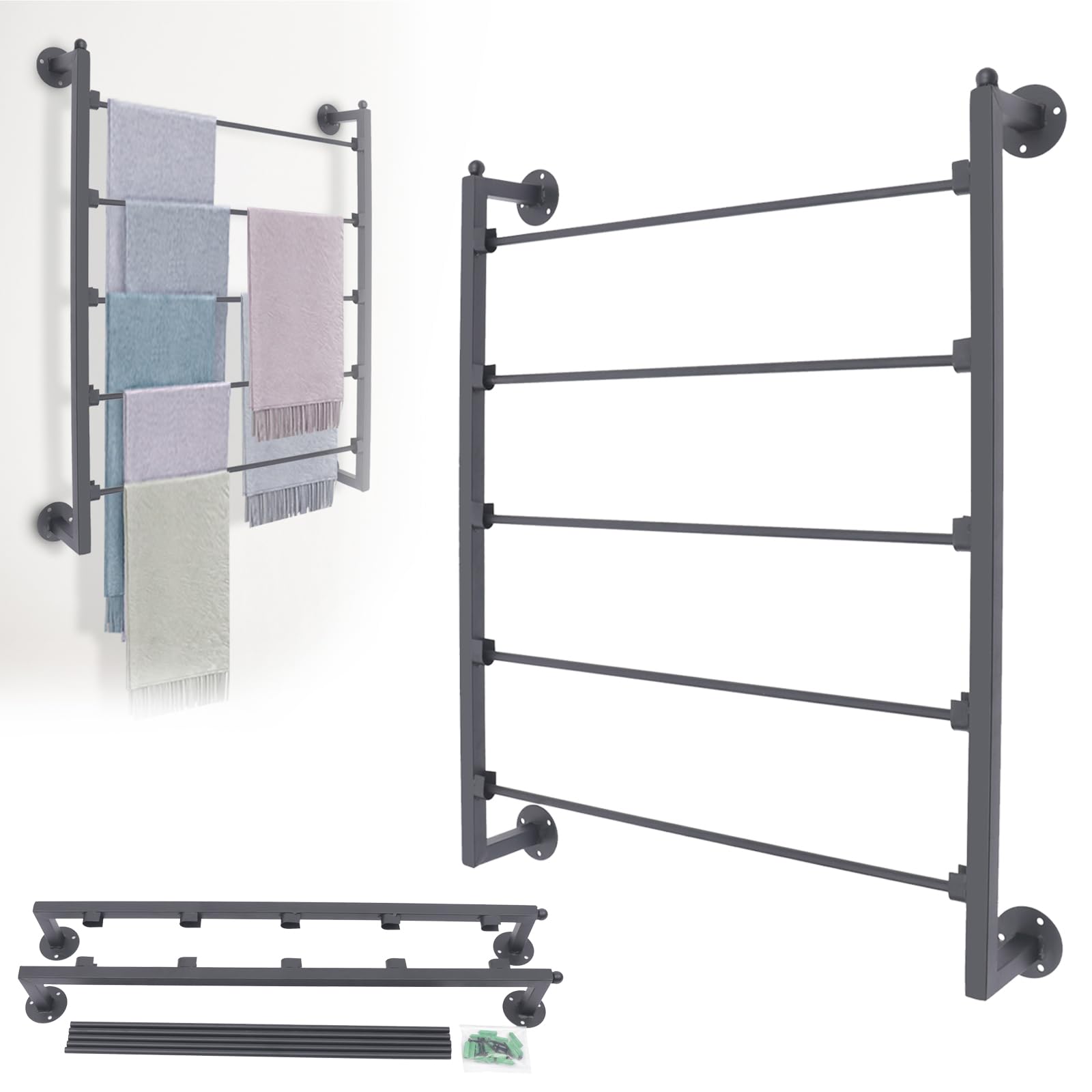 LYNICESHOP Wall Mounted Scarf Display Rack, 5-Tier Black Steel Organizer for Scarves, Belts & Towels, Modern Space-saving Design for Home and Shops (BLACK)