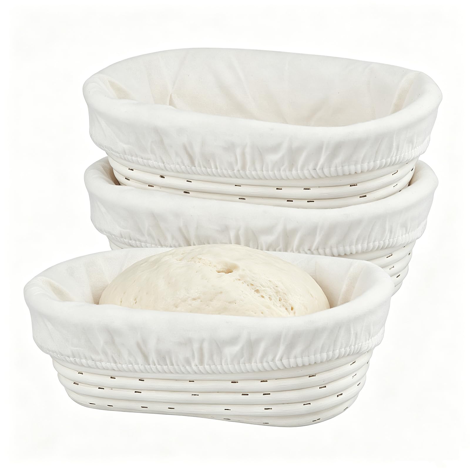 KOHAND 3 Pack 25cm Bread Proofing Baskets, Oval Sourdough Proving Basket with Linen Liner, Banneton Proofing Basket for Professional Home Bakers