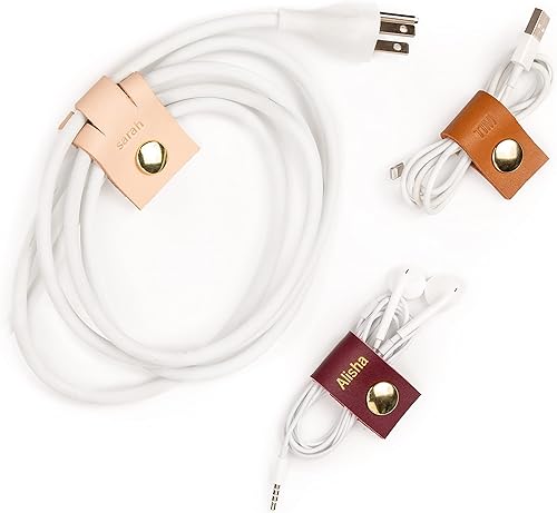KEYAIIRA - Juego de 3 soportes de cuero personalizados para cables con cierre a presión dorado - Soporte de cable de carga para portátil,