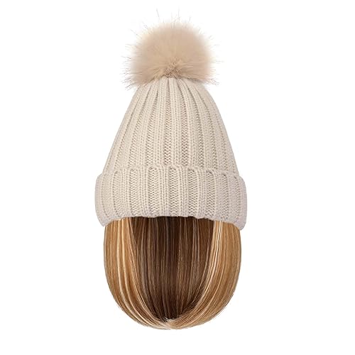 Women Caps with Hair Knit Beanie Cap with Extensions Short