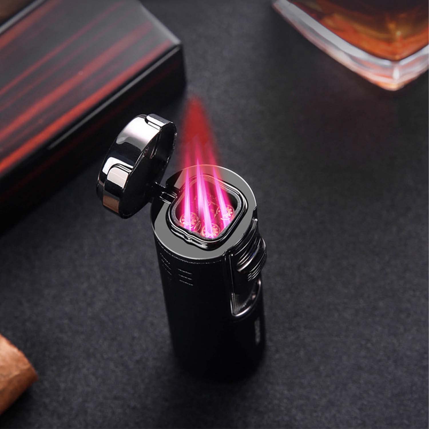 Paquet de 5 Métal Cigare Briquet Cylindrique 4 Jets Rouge Flamme Torche Rechargeable Au Butane avec Cigar Punch Briquet de Poche Vente en Gros (sans Gaz)