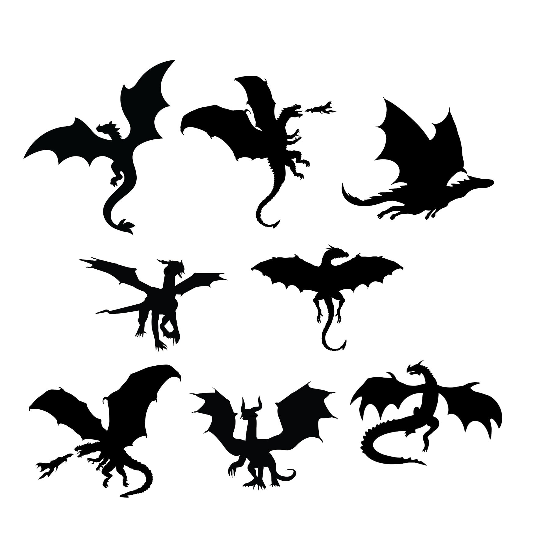 8 Dragon Silhouette Fun Stickers - Waterproof Decals - Scrapbooking, Cars, Water Bottles, Laptops, Fun Gifts (Black, Small Pack)