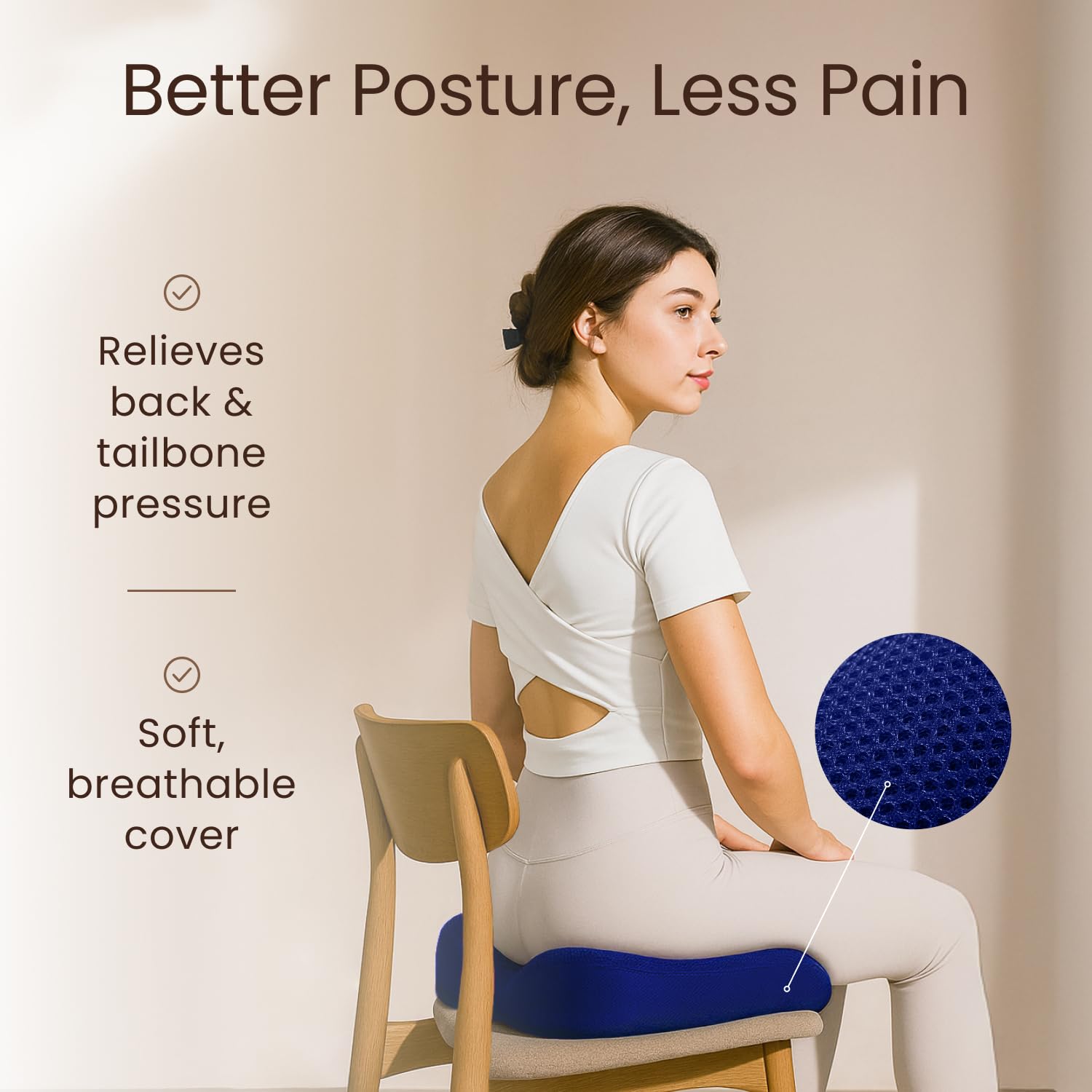 Sleepavo Cojín de asiento de espuma viscoelástica azul marino para silla de oficina, almohada para ciática, coxis, espalda, coxis y alivio del dolor de espalda baja, almohadilla ortopédica para silla
