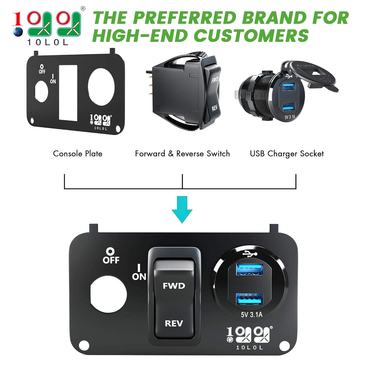 10L0L Golf Cart EZGO Key Switch Console Panel,Include DC 9V-48V Input 3.1A Fast Charge Dual USB Charger Sockets & Digital Voltmeter & Forward Reverse Switch for EZGO TXT & Medalist PDS