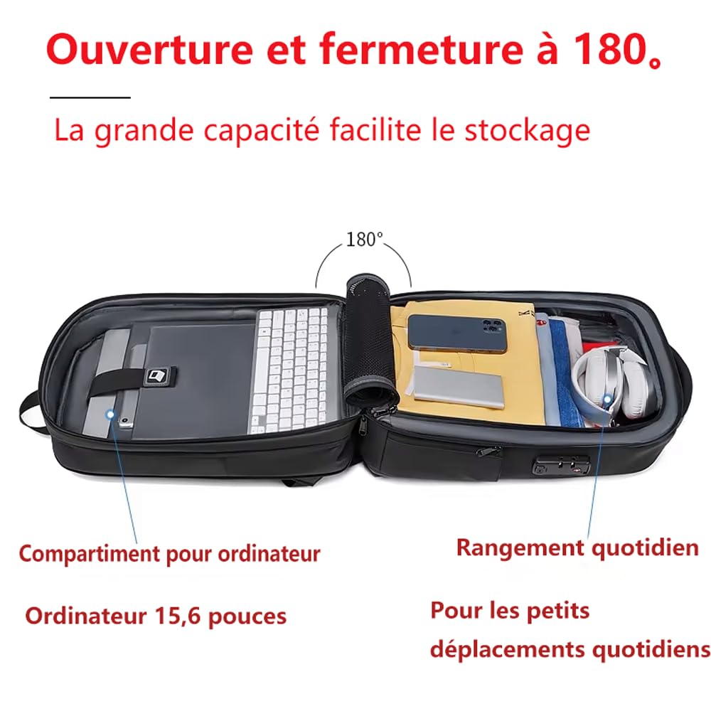 XINYASEE Sac à dos ordinateur 15,6" antivol serrure étanche business noir | Sac à dos antivol pour ordinateur portable，Port de chargement USB, étanche, 15,6 pouces, homme, voyage, travail, études