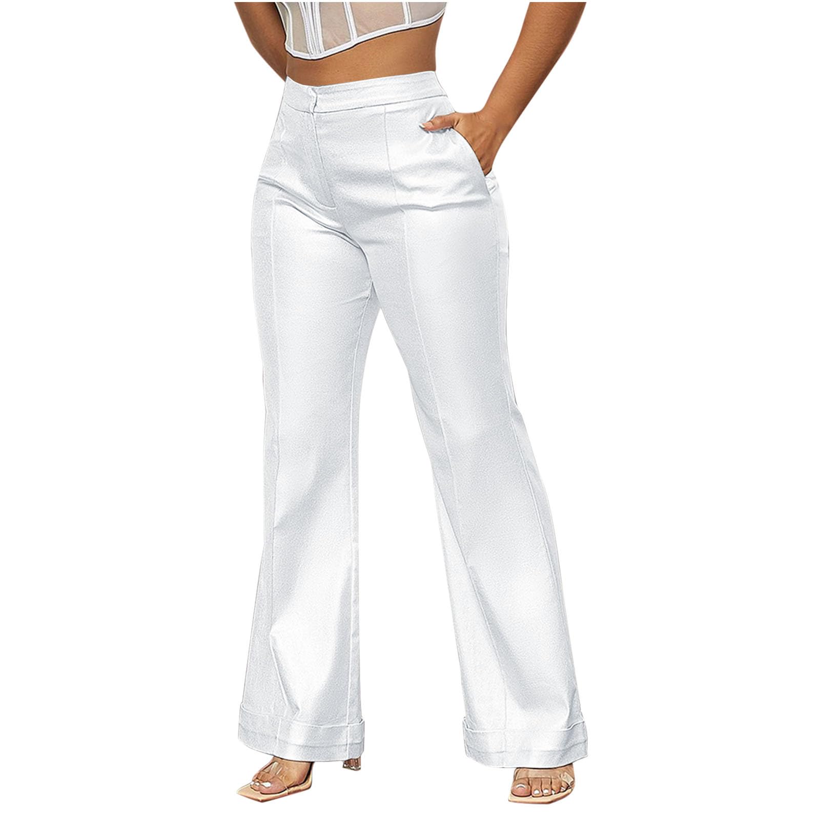 HGps8w Womens Metallic Shiny High Waisted Dress Pants Vintage Business Casual Flare Party Trousers with Pockets