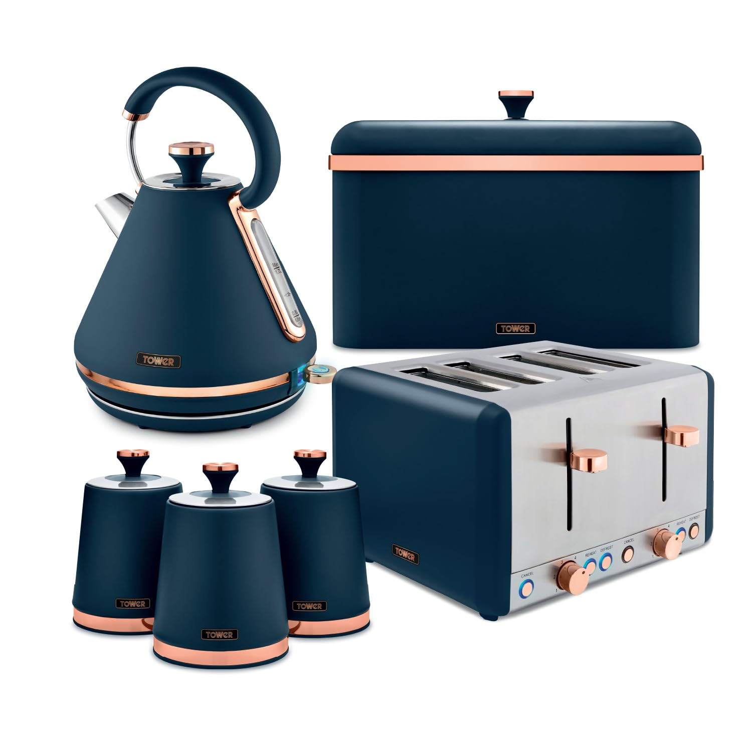 Tower Cavaletto 4 Piece Kitchen Set, 3kW 1.7L Pyramid Kettle, 4 Slice Toaster, Bread Bin & 3 x 1.3L Canisters, Midnight Blue, EEJB473