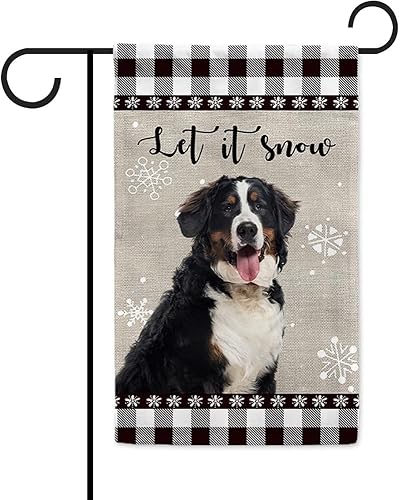 Let It Snow Dog - Bandera de invierno para jardín, bandera de montaña bernesa con copos de nieve, búfalo a cuadros, Navidad, decoración de patio al