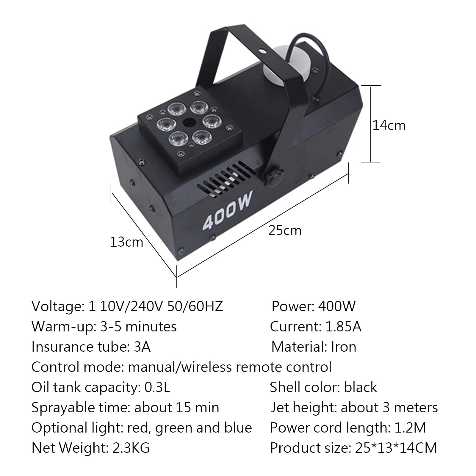 Wytwornica mgły, wytwornica dymu na imprezę o mocy 400 W z 6 diodami LED RGB, wysokość strumienia 3 m, przewodowy i bezprzewodowy pilot zdalnego sterowania Wytwornica mgły o dużej wydajności
