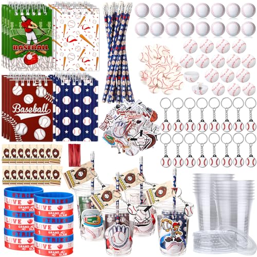 Colarr 195 Pcs Baseball Birthday Gifts Party Favors Gift Cups Pencils Mini Book Keychains Wristbands Stickers Thank You Cards Eraser Sharpener Mini Ball for Basketball Football Soccer Party