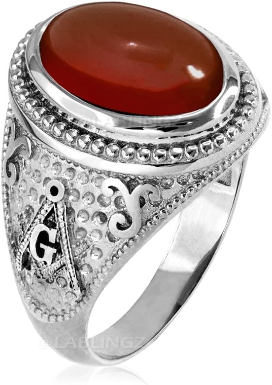 LA BLINGZ 10K White Gold Masonic Red Onyx Statement Ring