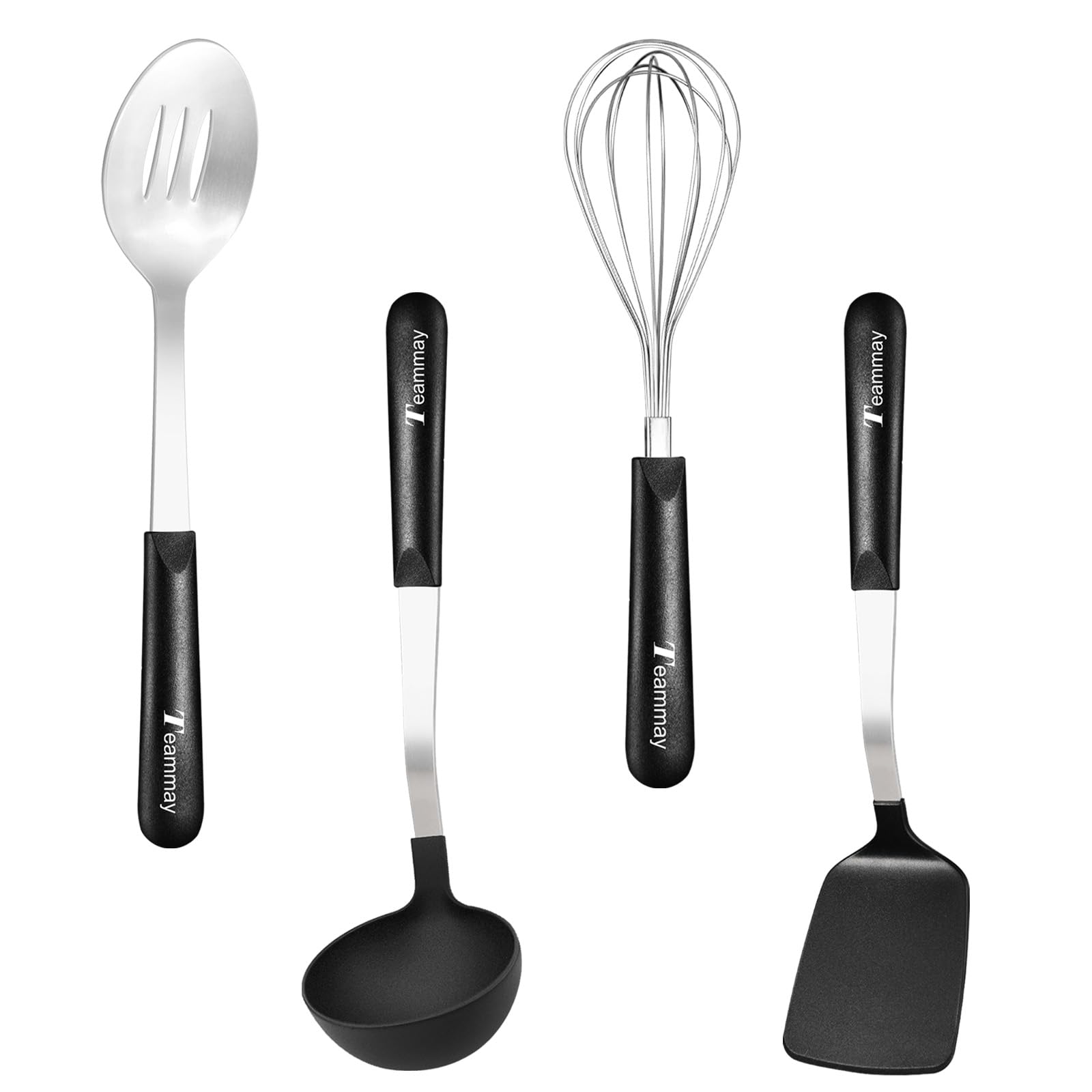4-teiliges Kochutensilien-Set, Edelstahl-Löffel, Schneebesen, Küchenutensilien, 34,9 cm, massiver Pfannenwender, Schöpfkelle, hitzebeständiger PP-Griff zum Wenden, Mischen, Servieren (schwarz)