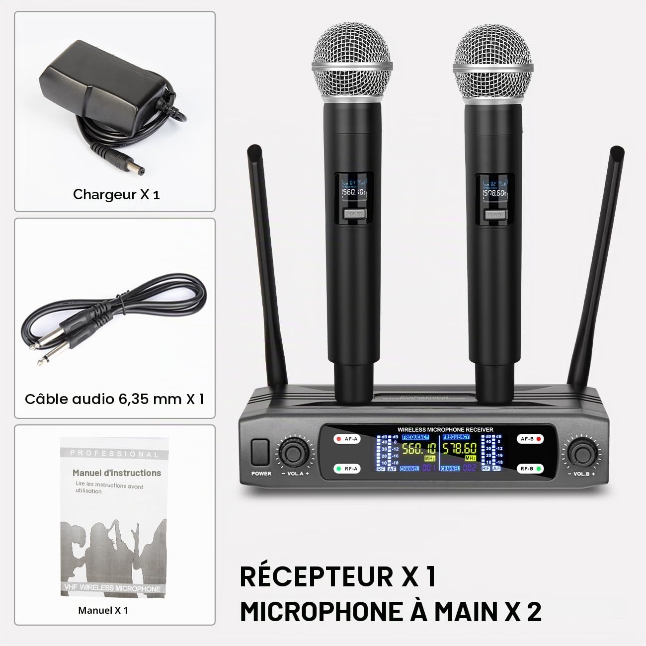 Depusheng Système de Microphone Sans Fil, Ensemble Sans Fil VHF avec Fréquence Double Fixe et 2 Émetteurs Portables Dynamiques, Ensemble de Microphone Sans Fil pour Chant, Karaoké, Église, DJ, Portée