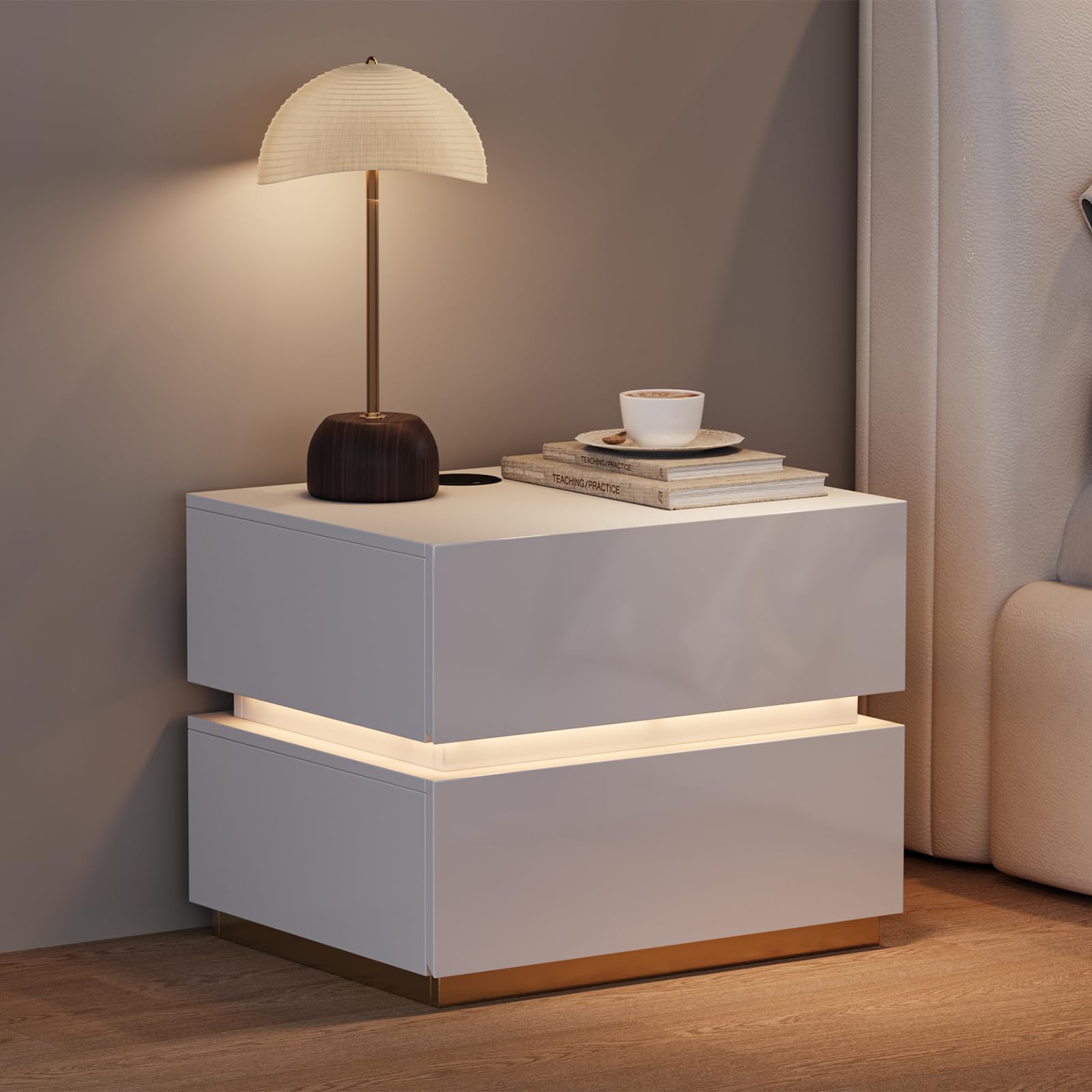 Homary LED Smart Nachttisch mit kabelloser Ladestation, Nachttisch mit Schubladen & USB-Anschlüssen, Modernes Nachtkästchen mit LED-Beleuchtung für Schlafzimmer (Led Weiß 2 Schubladen)
