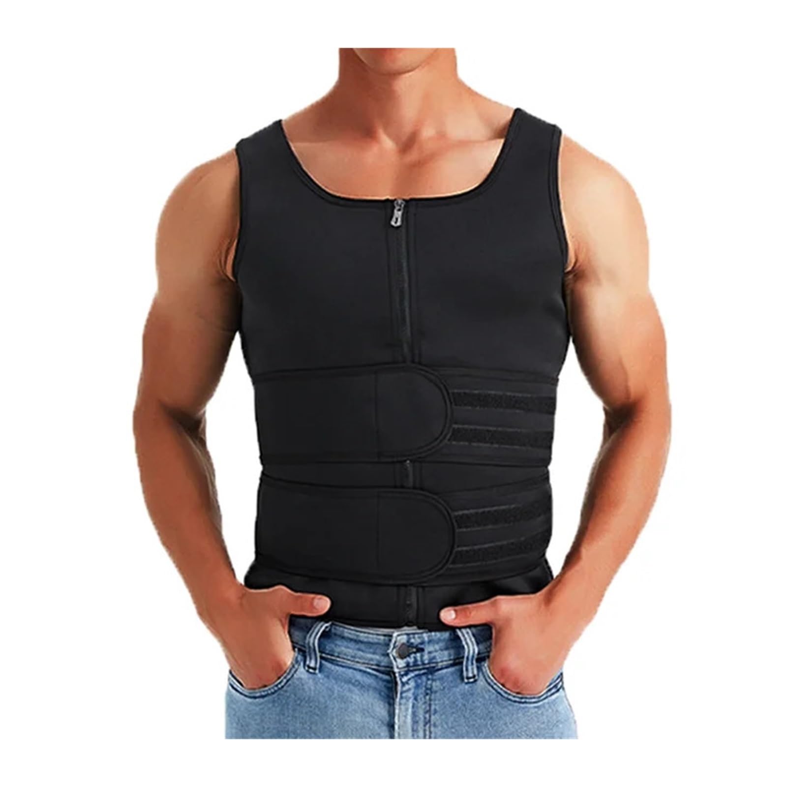 Camiseta De Compresión Hombre Hombres Body Shaper Cintura Entrenador Chaleco Doble Cinturón Sudor Camisa Corsé Top Abdomen Adelgazar Shapewear Fitness Trajes(Black,L)