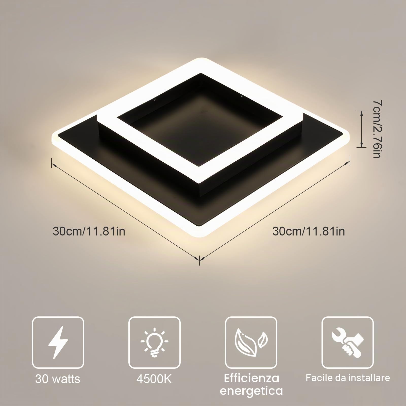 Lampada da Soffitto a LED 30W 3375LM Plafoniera LED Moderna Quadrata | Lampadario LED Soffitto Moderno Nera per Camera da Letto Soggiorno Cucina, Luce Naturale 4500K, 30CM