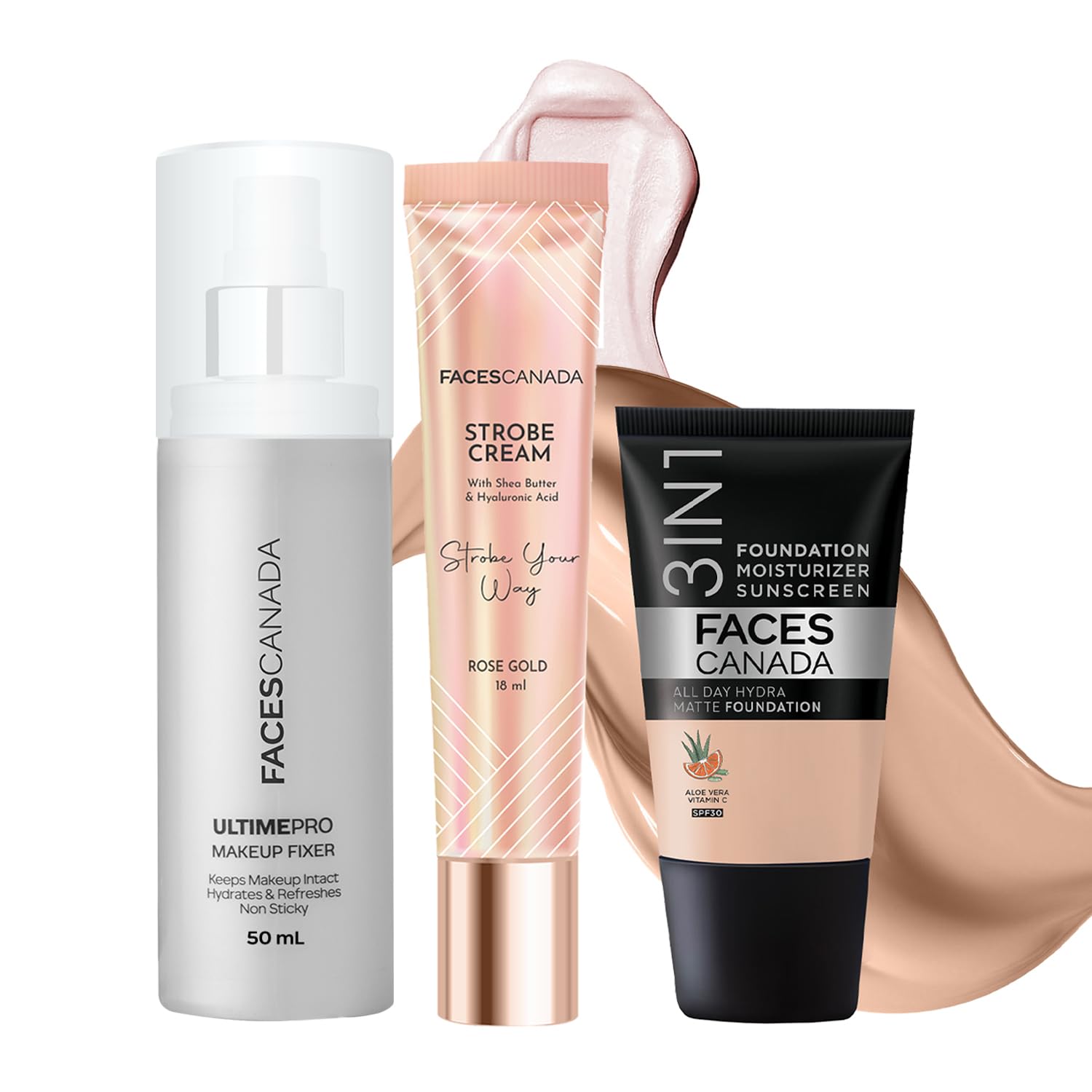 FACES CANADA Always On Shine Combo - All Day Hydra Matte Foundation - Rose Ivory 011 (18 ml) + Strobe Cream - Rose Gold (18ml) + Ultime Pro Makeup Fixer (50 ml) | Illuminating & Glowing Makeup Base | Long Lasting Makeup Setting Spray-image-45