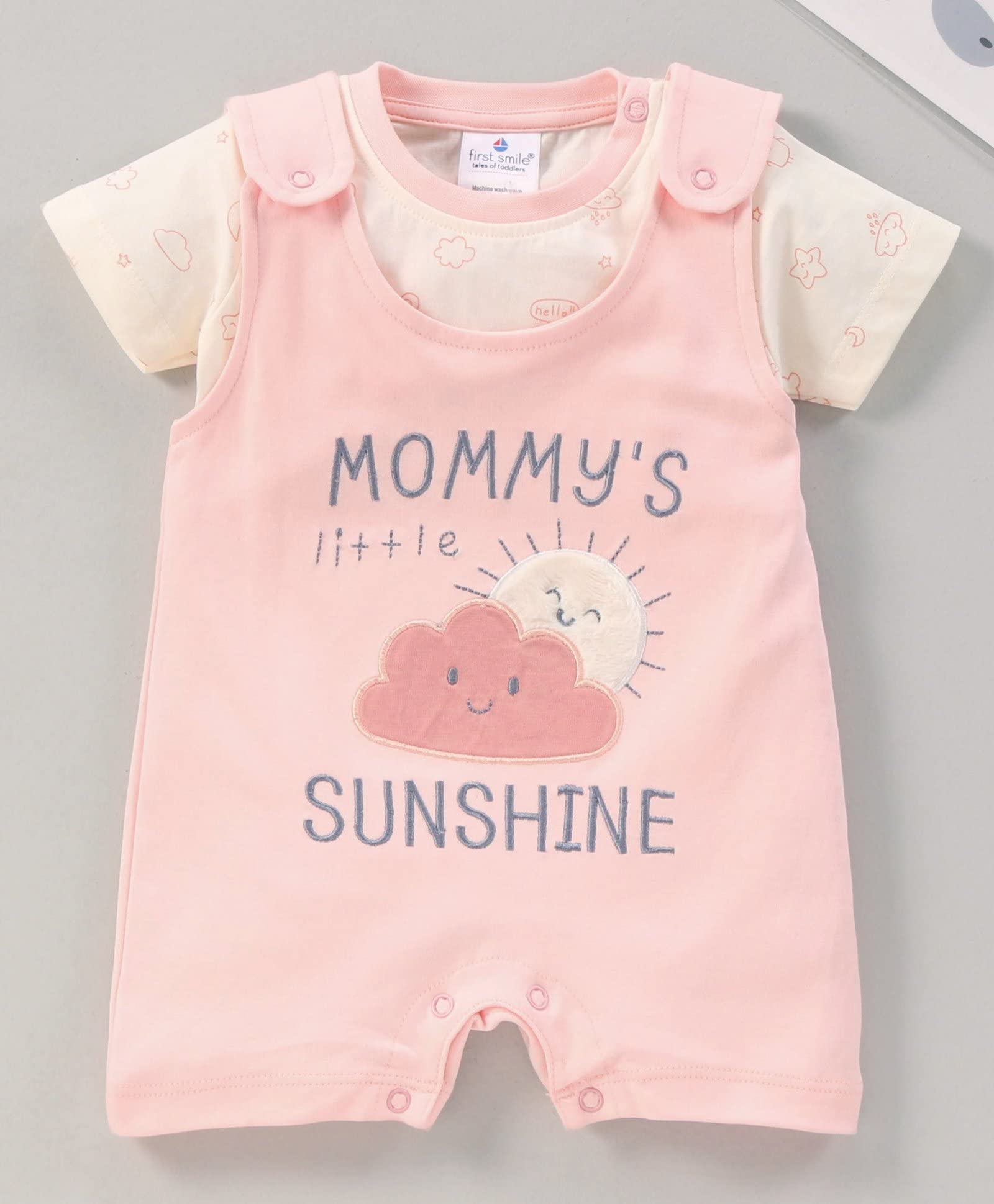 First Smile Baby Boys & Baby Girls | Rompers Dungaree Style Half Sleeves Inner Tee | Patch | Color Pink Blue | Size 0-3 Months, 3-6 Months, 6-12 Months, 12-18 Months | (12 Months - 18 Months, Pink)