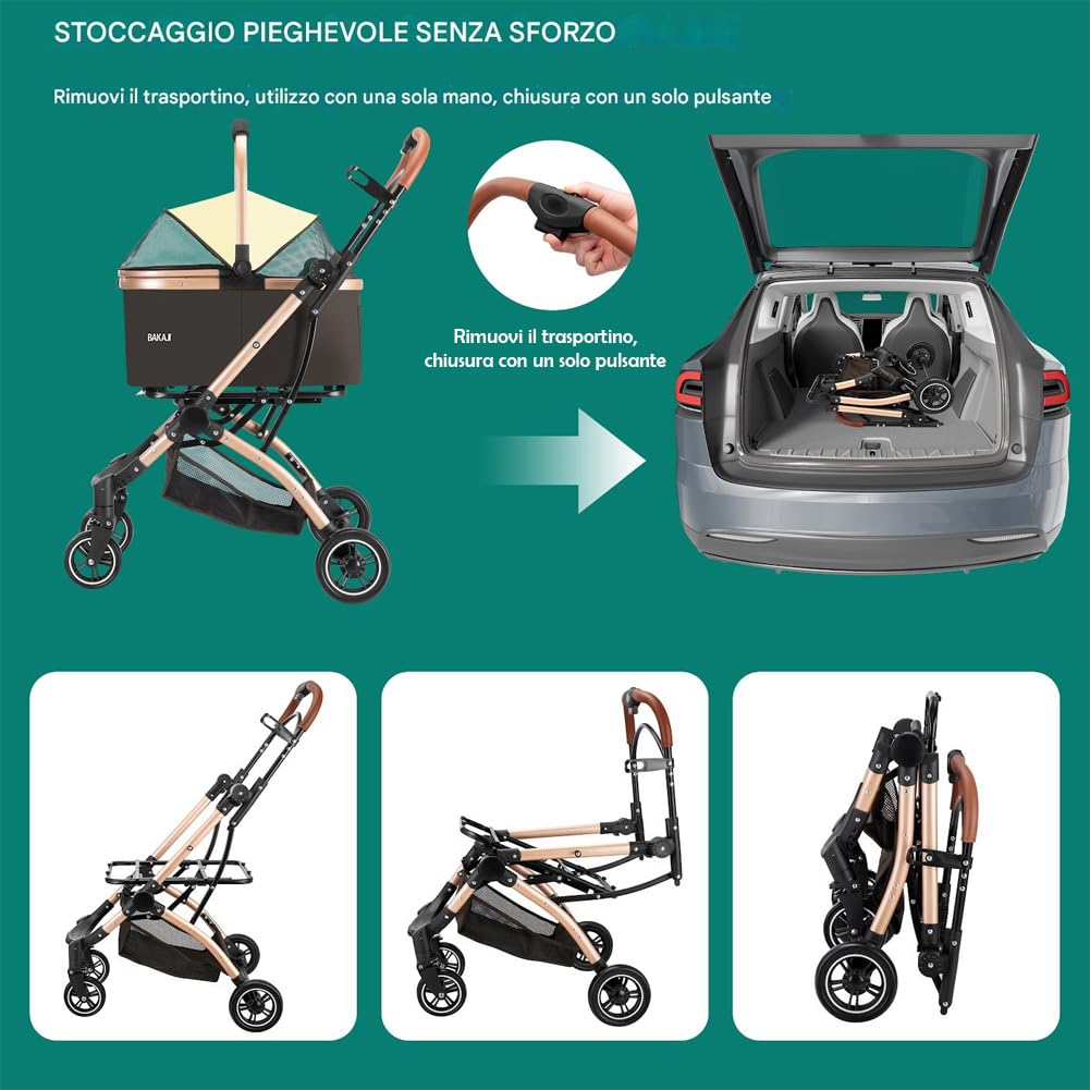 BAKAJI Passeggino per Cani e Gatti 2in1 con Navicella Rimovibile e Chiusura Salvaspazio, Carrozzina Animali Domestici con Capsula Trasportino Rimovibile e Tettuccio Apribile, Peso Max. 50kg (Marrone)