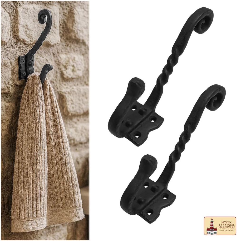 Mystic Colonial Rustic Cast Iron Wall Hooks, Heavy Duty Blackened Vintage Utility Hangers for Coats, Towels, Hats & Bags � Pack of 2, Size 14.4?cm x 14?cm, Mounting Hardware Included