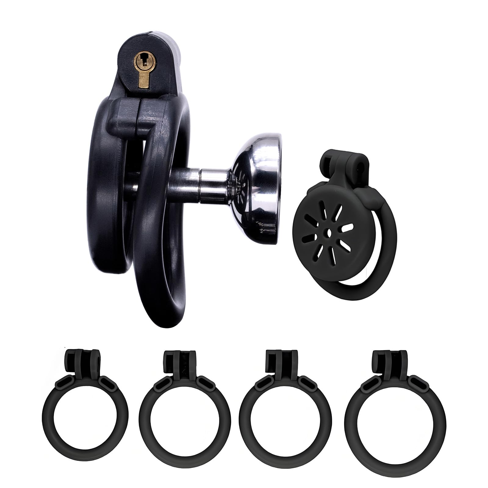 Ceinture de chasteté plate pour hommes avec couvercle creux négatif et 4 anneaux péniens Petit Ensemble cage de chasteté respirante pour hommes SM Sex Toys (Black+long lid)