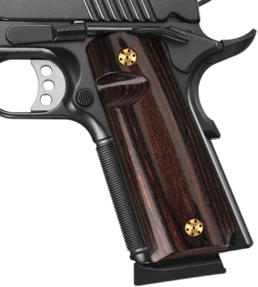 Cool Hand 1911 Full Size Grips, Government/Commander, High Polished Wood, Gold Gun Grips Screws Included, Mag Release, Ambi Safety Cut, 1/4" Thin