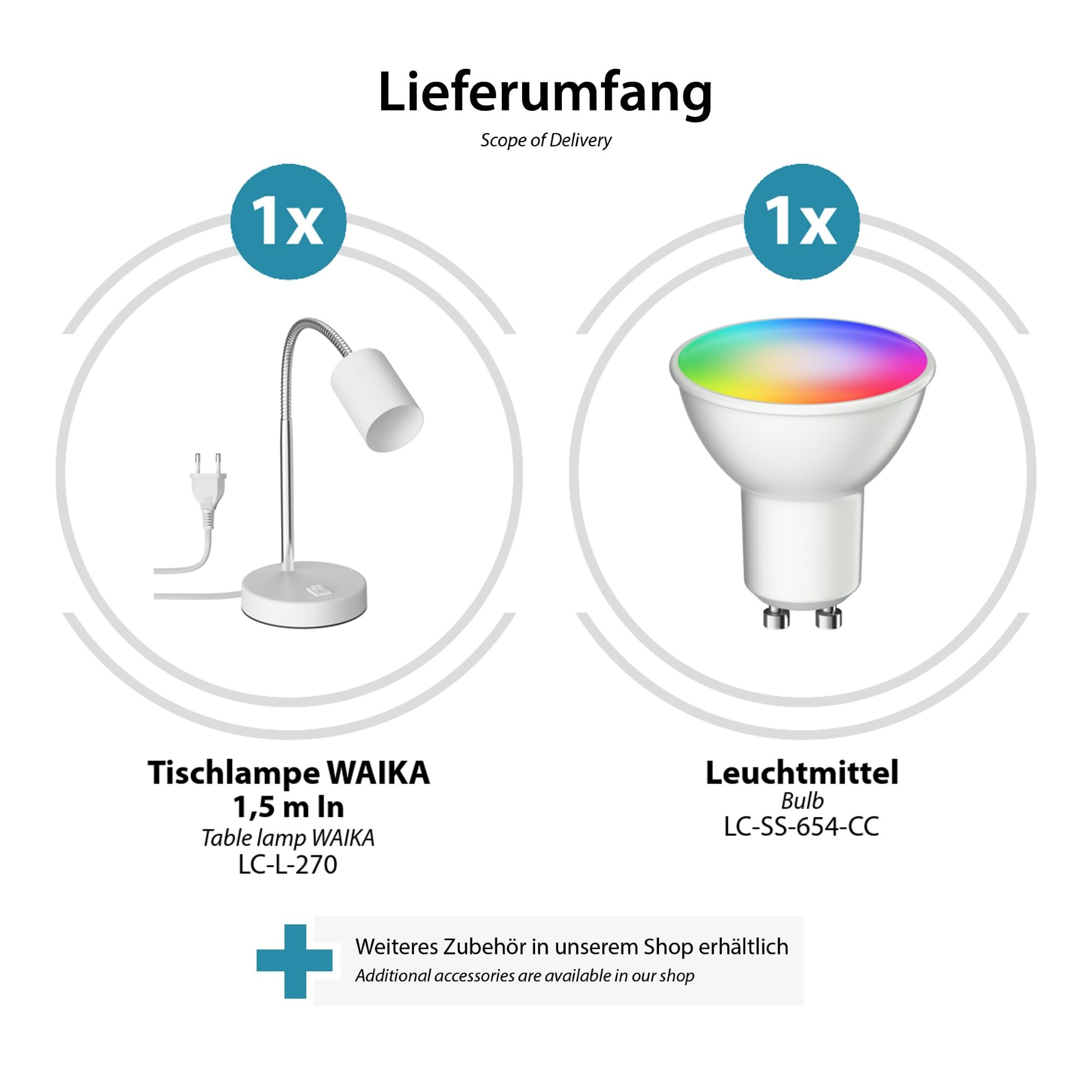 ledscom.de 2x WAIKA lampada da tavolo con collo d'oca e interruttore bianco opaco, incl. Smart Home RGBW GU10 LED, 5,41W, 473lm